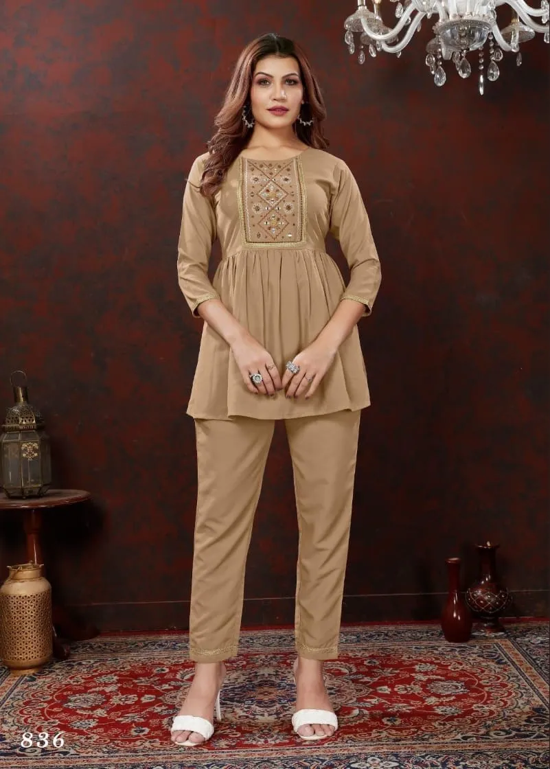 Beige Hand Embroidered Co-ord set